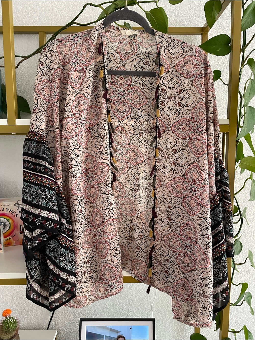 Mystree Cream Printed Open Front Kimono with Black & Coral Accents